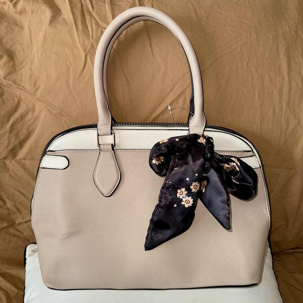 NWOT 41 Hawthorn Tan/Beige Satchel w/ Dark Floral Satin Accent Bow